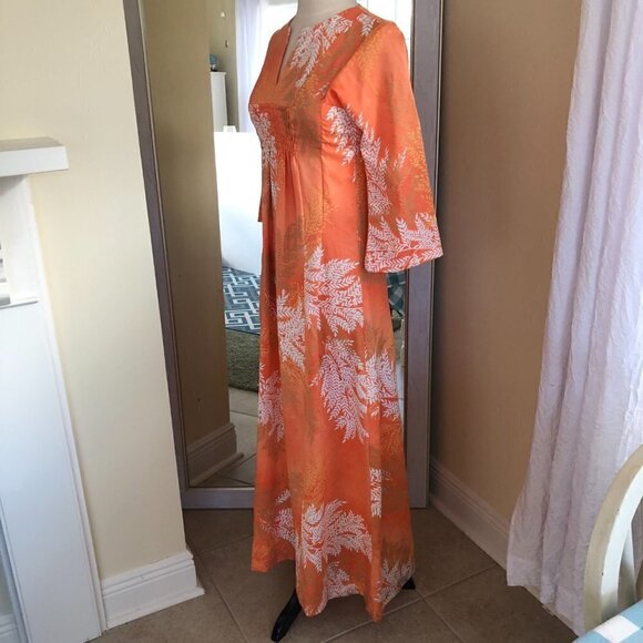 Vintage Andrade Maxi Hostess Dress Small Soft Orange Leaf Print Flare Sleeves - Picture 3 of 9